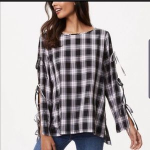 Loft LS Women Plaid Top with Tie Sleeves S